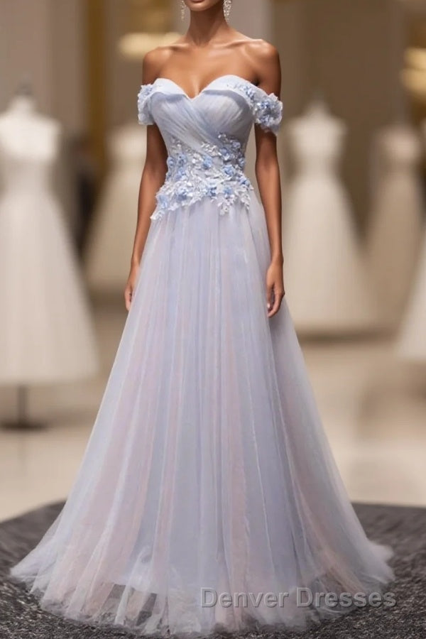 Light Blue Tulle Lace Long Prom Dress, Lace Evening Dress Main image