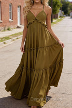 Olive Green A-line V Neck Sleeveless Floor-Length Chiffon Prom Dress Long Prom Dresses Backless with Pleated Ruffles