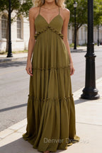 Olive Green A-line V Neck Sleeveless Floor-Length Chiffon Prom Dress Long Prom Dresses Backless with Pleated Ruffles