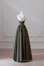 Olive Green Spaghetti Strap Satin Long Prom Dress, A-Line V Neck Party Dress