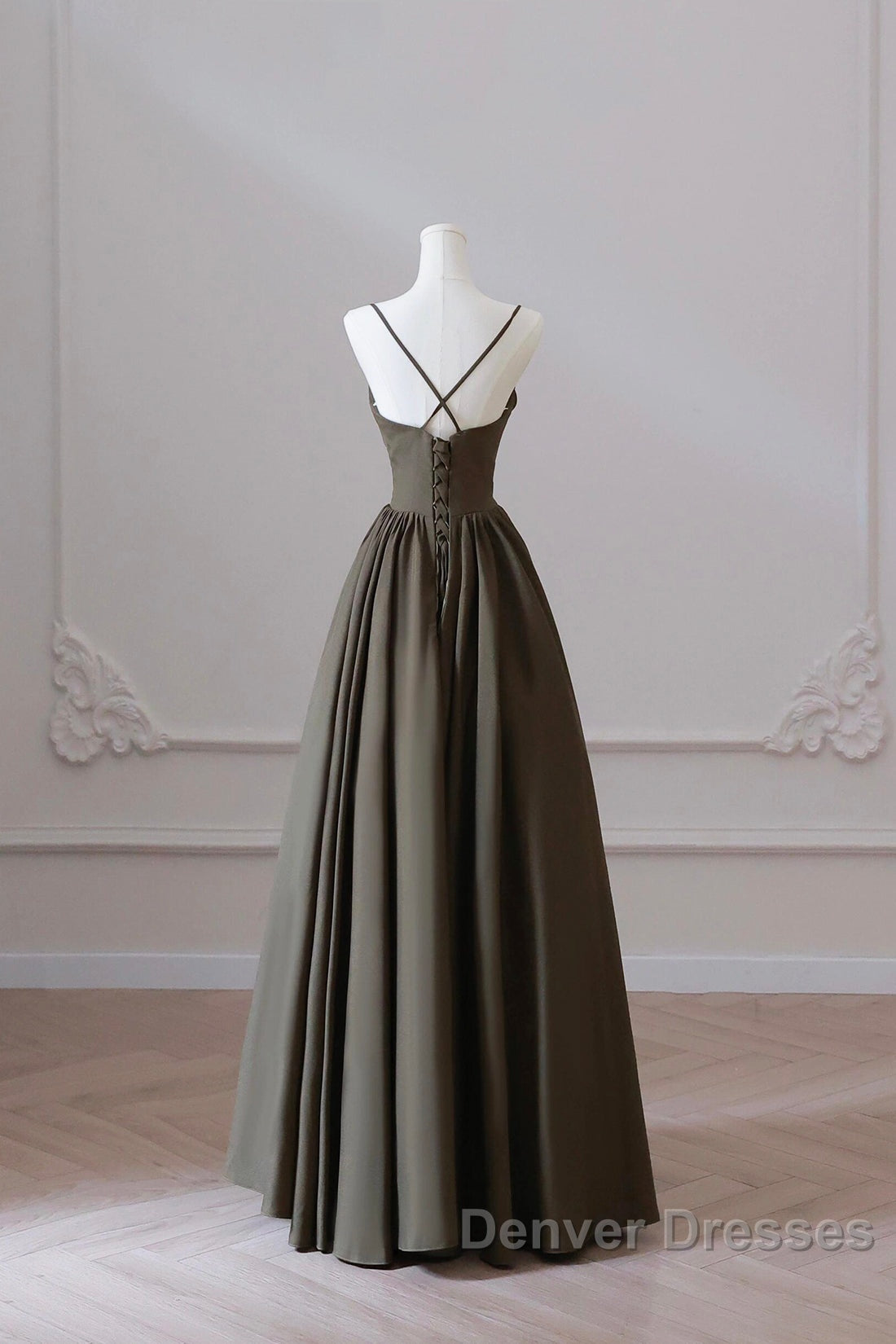 Olive Green Spaghetti Strap Satin Long Prom Dress, A-Line V Neck Party Dress