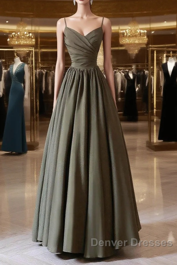 Olive Green Spaghetti Strap Satin Long Prom Dress, A-Line V Neck Party Dress