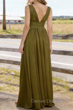 Olive Green V Neck Chiffon Floor Length Bridesmaid Dresses Long Bridesmaid Dress With Pleated Split