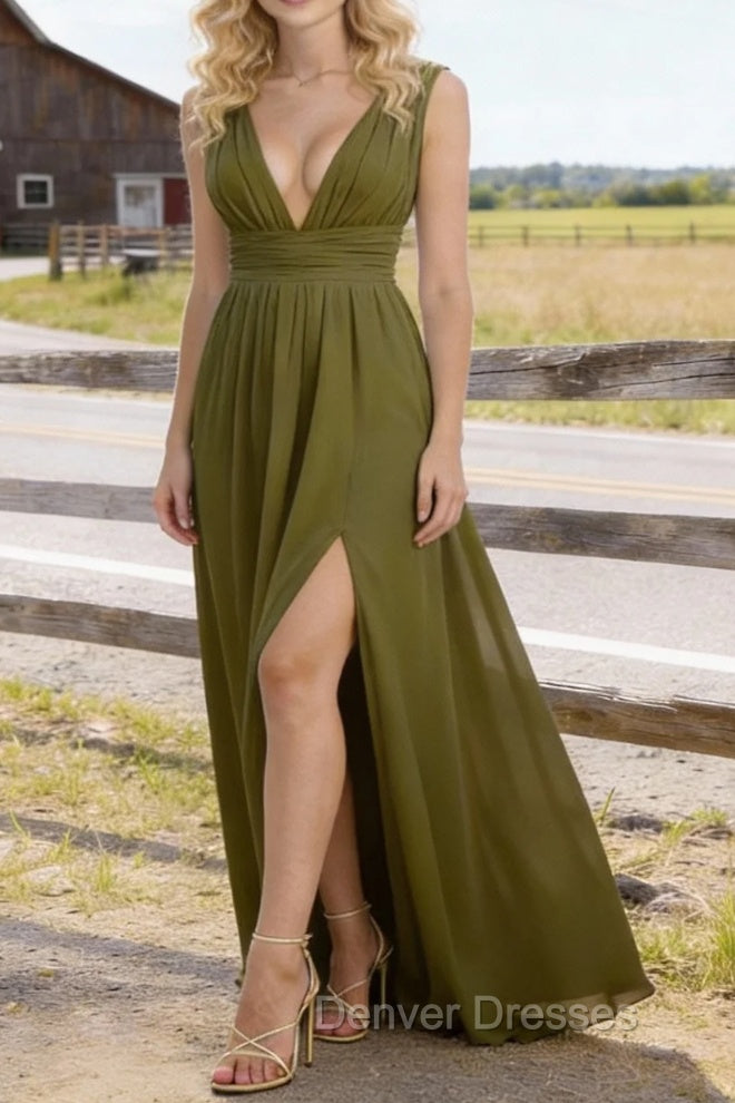 Olive Green V Neck Chiffon Floor Length Bridesmaid Dresses Long Bridesmaid Dress With Pleated Split Main image