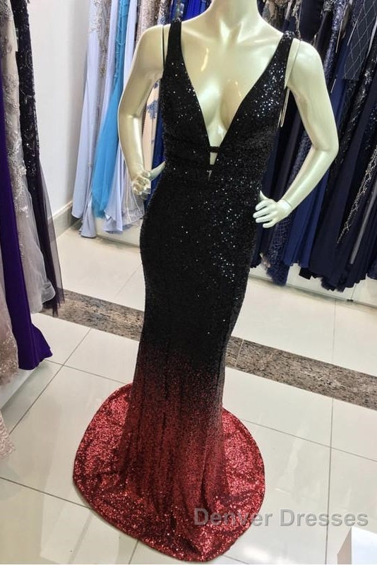 Ombre Mermaid V-Neck Court Train Prom Sequins Dress