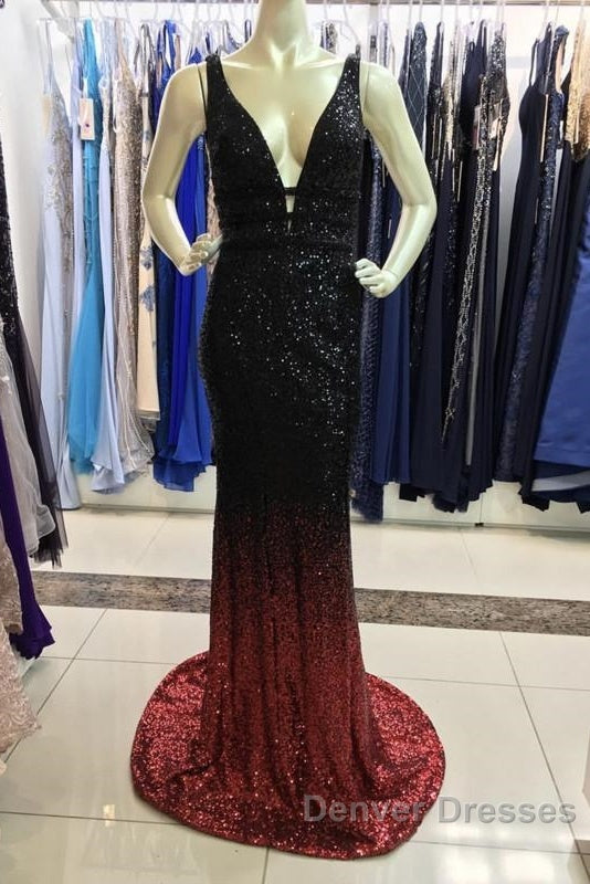 Ombre Mermaid V-Neck Court Train Prom Sequins Dress