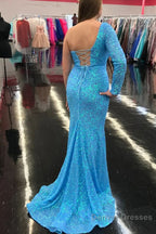 One Shouder Long Sleeves Sequins Mermaid Prom Dress with Slit