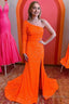 One Shouder Long Sleeves Sequins Mermaid Prom Dress with Slit