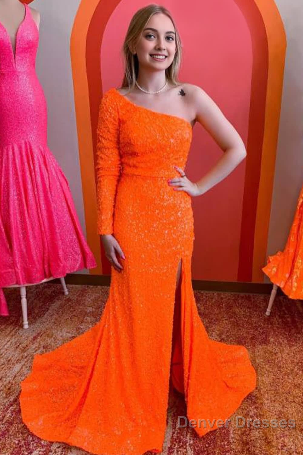 One Shouder Long Sleeves Sequins Mermaid Prom Dress with Slit