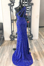 One Shouder Royal Blue Prom Dress Long Sequin Evening Dress