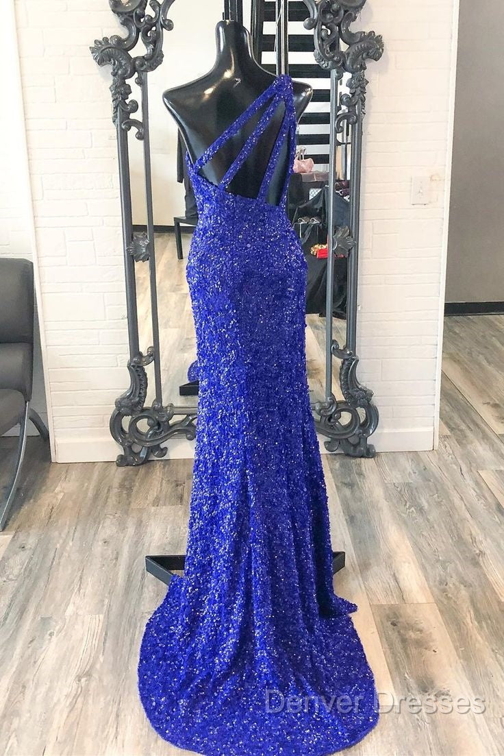 One Shouder Royal Blue Prom Dress Long Sequin Evening Dress