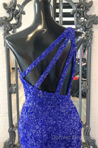 One Shouder Royal Blue Prom Dress Long Sequin Evening Dress