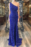 One Shouder Royal Blue Prom Dress Long Sequin Evening Dress