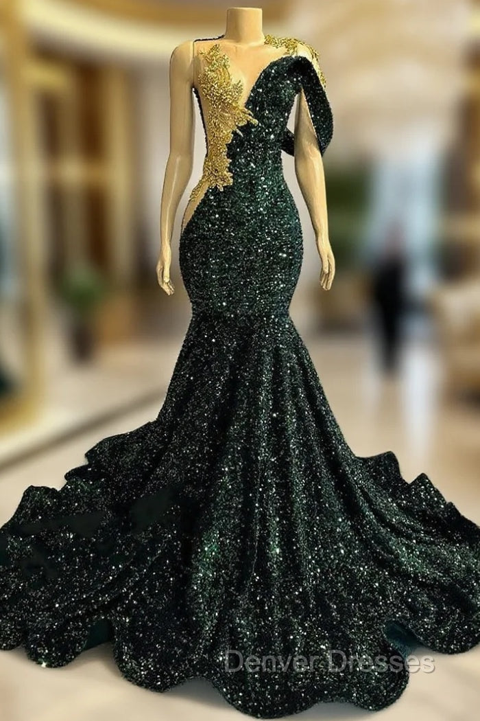One shoudler Dark Green Sequin Floor length Prom Dress Main image