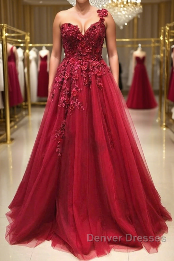One Shoulder 3D Floral Burgundy Lace Long Prom Dress, Burgundy Lace Appliques Formal Graduation Evening Dress Main image