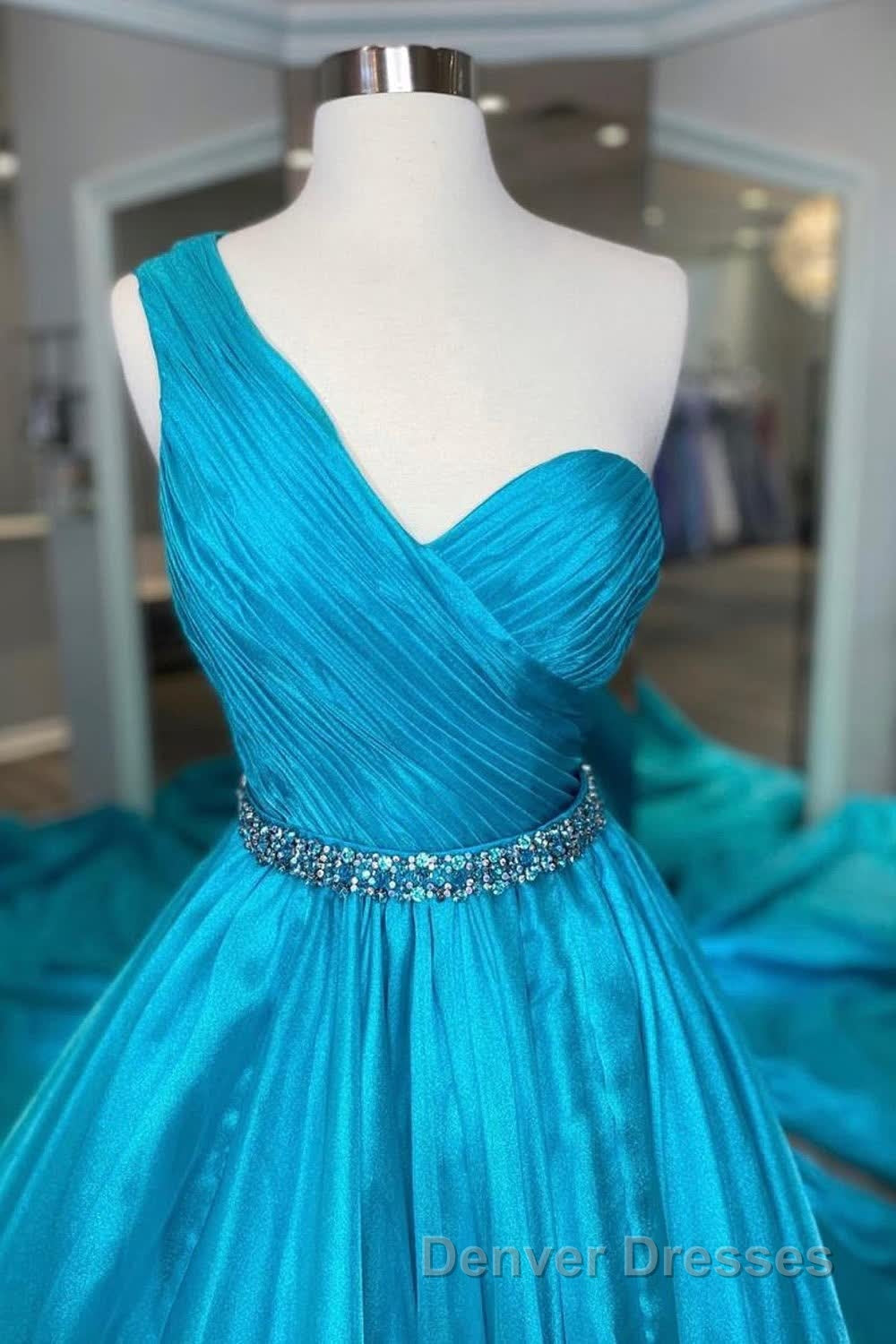 One Shoulder A Line Prom Dress with Beading Waist