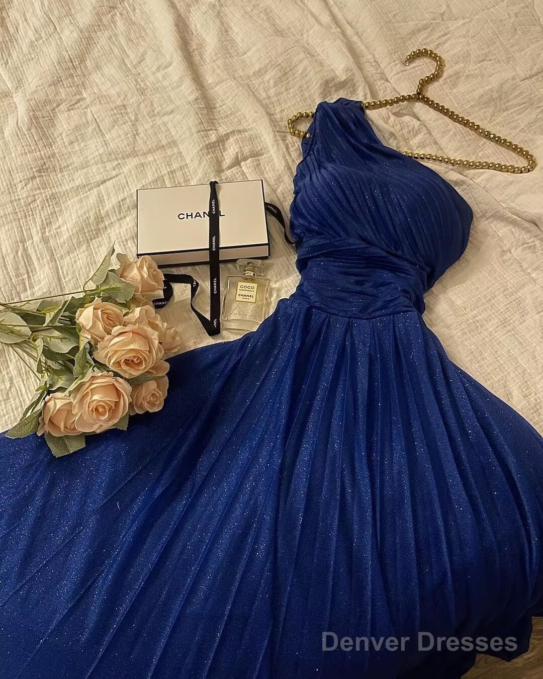 One Shoulder A Line Royal Blue Shiny Tulle Prom Dress