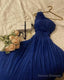 One Shoulder A Line Royal Blue Shiny Tulle Prom Dress