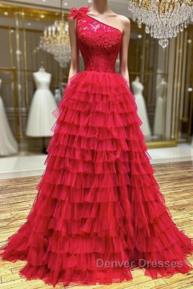 One Shoulder A-Line Tulle Burgundy Long Prom Dress, Burgundy Graduation Dress