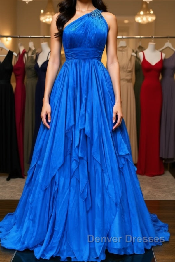 One Shoulder Backless Blue Chiffon Long Prom Dress, Beaded Blue Long Formal Evening Dress Main image