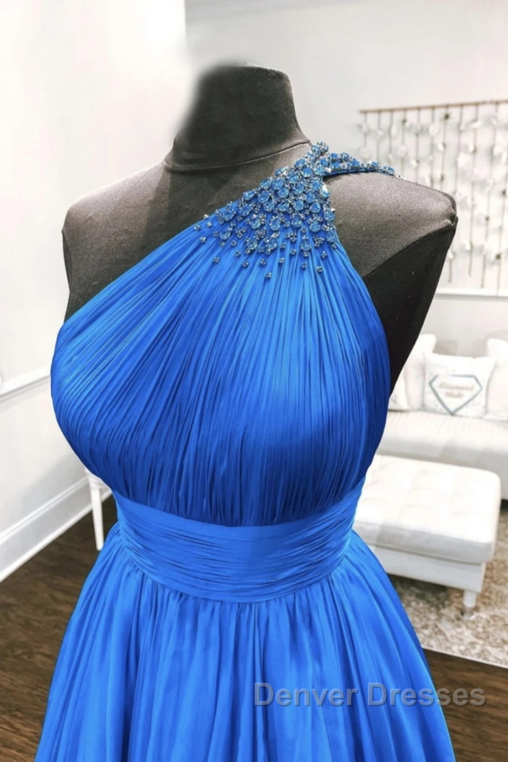 One Shoulder Backless Blue Chiffon Long Prom Dress, Beaded Blue Long Formal Evening Dress Secondary image