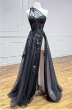 One Shoulder Black Lace Floral Long Prom Dress With High Slit 21Th Birthday Outfits