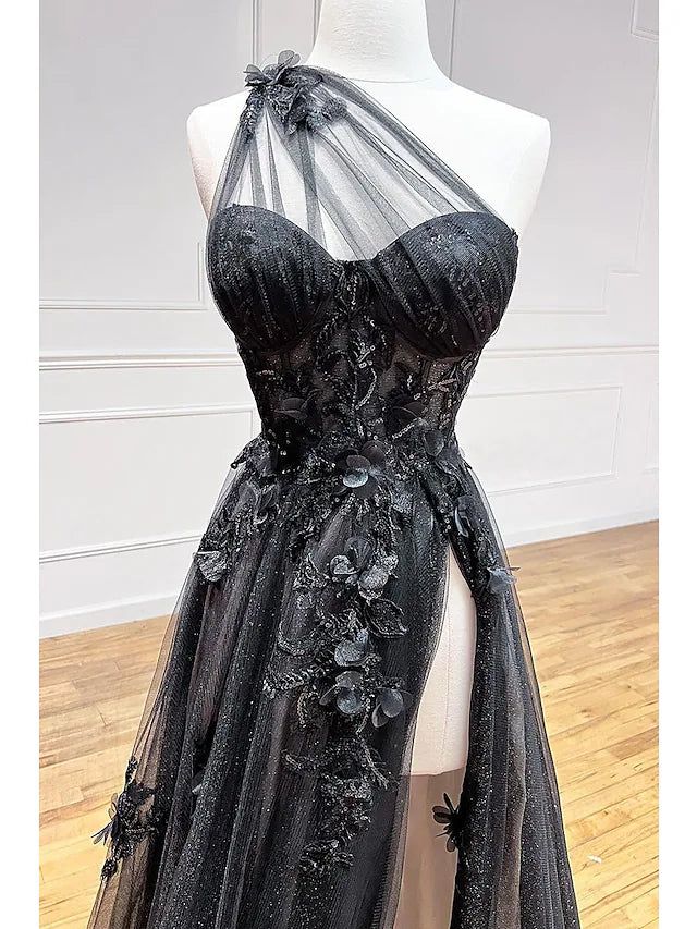 One Shoulder Black Lace Floral Long Prom Dress With High Slit 21Th Birthday Outfits