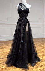 One Shoulder Black Lace Floral Long Prom Dress With High Slit 21Th Birthday Outfits