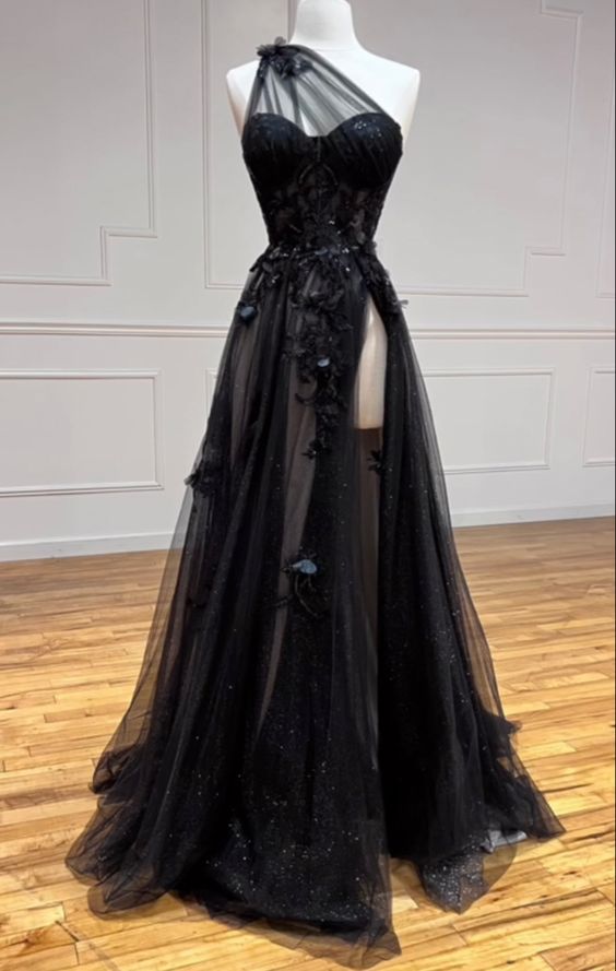 One Shoulder Black Lace Floral Long Prom Dress With High Slit 21Th Birthday Outfits