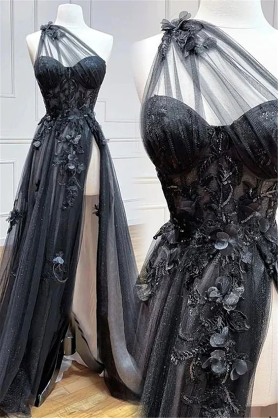 One Shoulder Black Lace Floral Long Prom Dress With High Slit 21Th Birthday Outfits