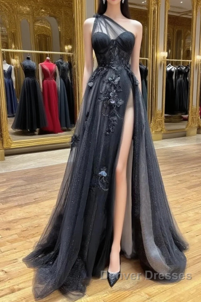 One Shoulder Black Lace Prom Dress, One Shoulder Black Lace Formal Evening Dress Main image
