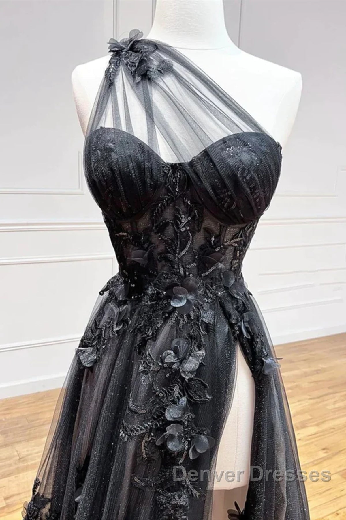 One Shoulder Black Lace Prom Dress, One Shoulder Black Lace Formal Evening Dress Secondary image