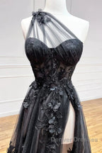 One Shoulder Black Lace Prom Dress, One Shoulder Black Lace Formal Evening Dress