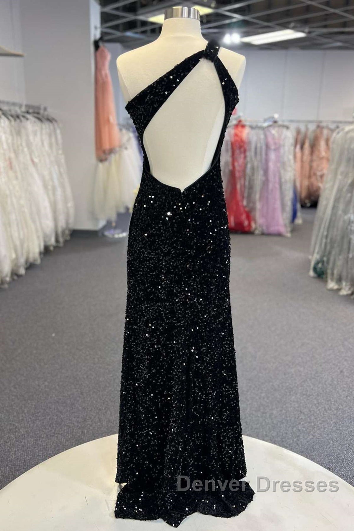 One Shoulder Black Sequins Mermaid Long Prom Dress, Black Sequins Mermaid Long Prom Dress Secondary image