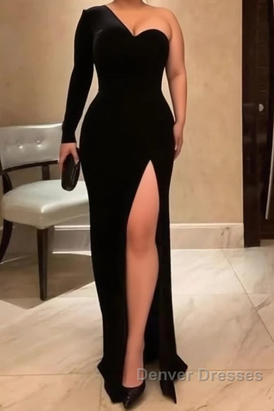 One Shoulder Black Velvet Long Prom Dress, Black One Shoulder Velvet Formal Evening Dress