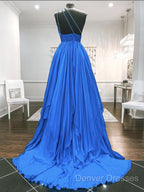 One Shoulder Blue Backless Long Prom Dress, Open Back Blue Long Formal Evening Dress