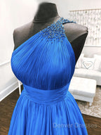 One Shoulder Blue Backless Long Prom Dress, Open Back Blue Long Formal Evening Dress