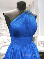 One Shoulder Blue Backless Long Prom Dress, Open Back Blue Long Formal Evening Dress