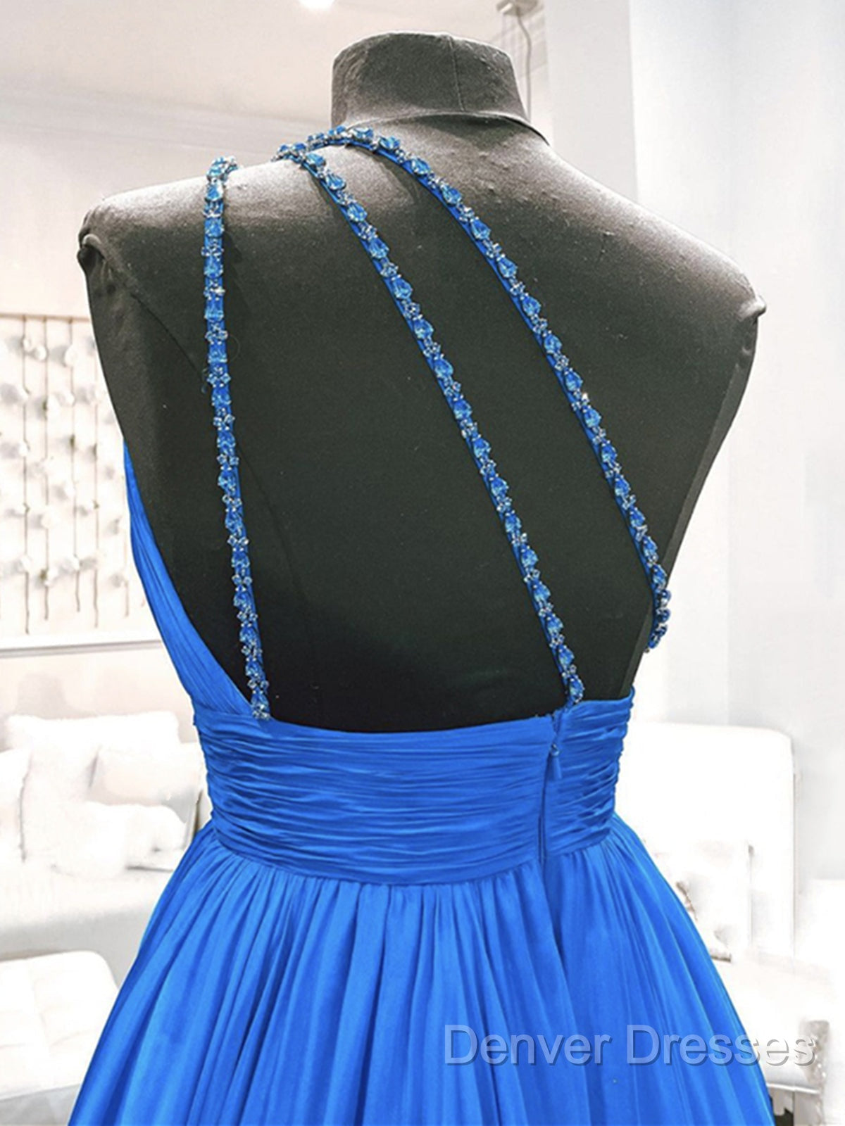 One Shoulder Blue Backless Long Prom Dress, Open Back Blue Long Formal Evening Dress