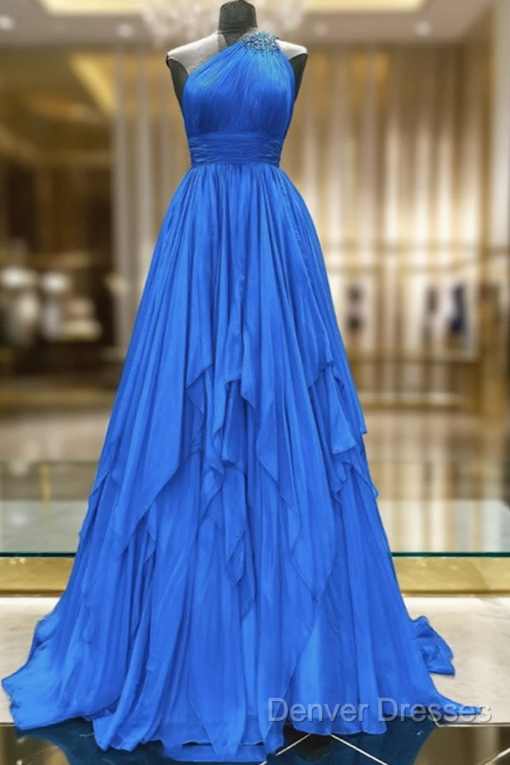 One Shoulder Blue Backless Long Prom Dress, Open Back Blue Long Formal Evening Dress Main image