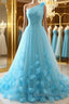 One Shoulder Blue Floral Long Prom Dress, One Shoulder Blue Formal Dress, 3D Flowers Blue Evening Dress