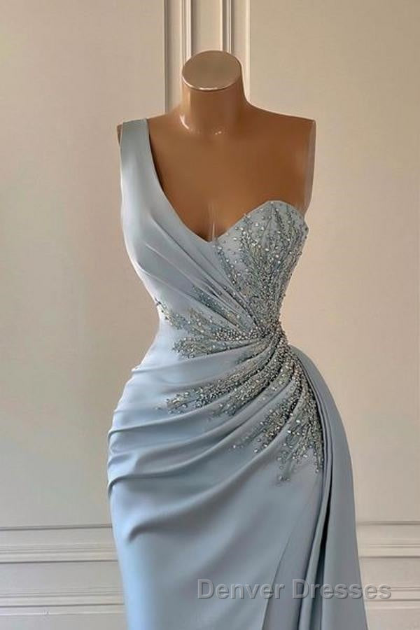 One shoulder blue prom Dress in mermaid pleats