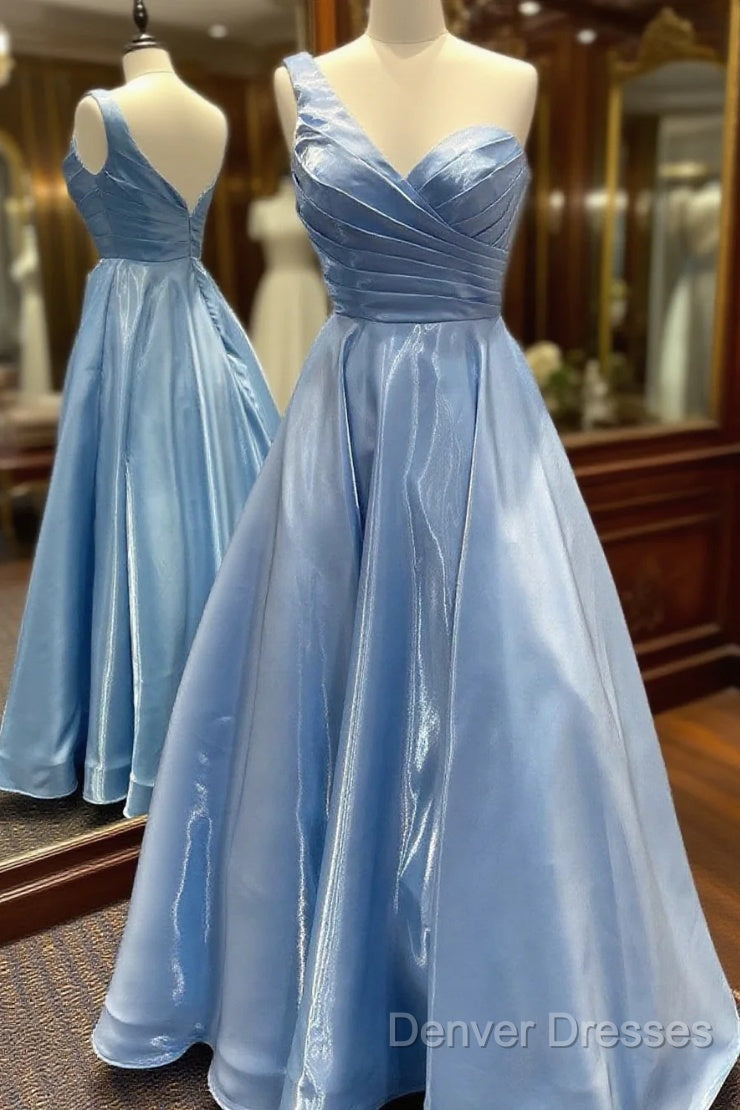 One Shoulder Blue Satin Long Prom Dress, One Shoulder Blue Long Formal Evening Dress Main image