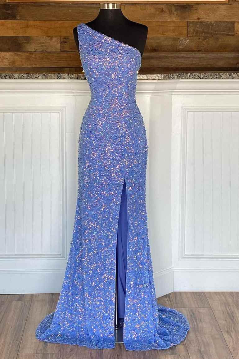 One Shoulder Blue Sequins Mermaid Long Formal Dress
