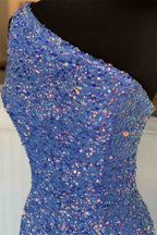 One Shoulder Blue Sequins Mermaid Long Formal Dress