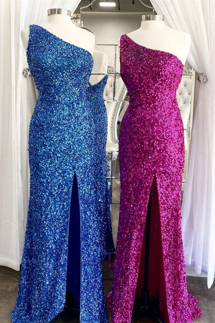 One Shoulder Blue Sequins Mermaid Long Formal Dress Main image