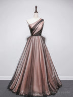 One Shoulder Brown Tulle Prom Dresses, Brown Tulle Formal Evening Dresses