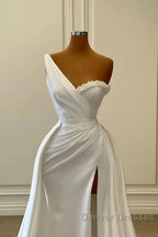 One Shoulder Charmeuse White Wedding Dress With Beadings Sleeveless Floor Length Elegant