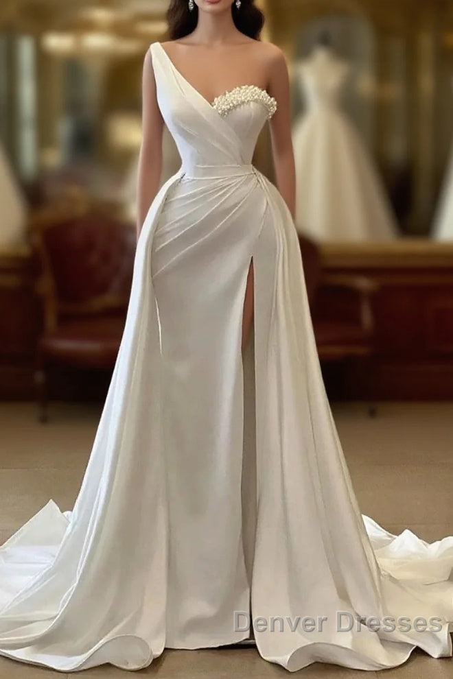 One Shoulder Charmeuse White Wedding Dress With Beadings Sleeveless Floor Length Elegant Main image