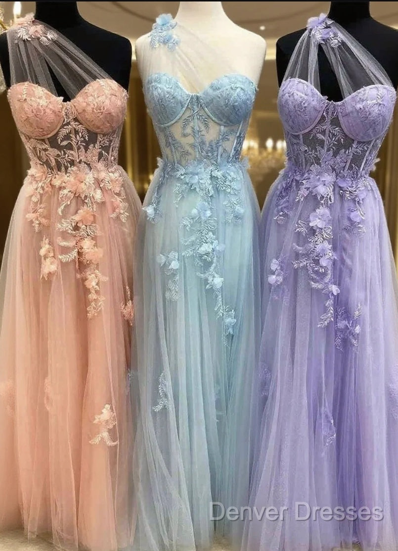 One Shoulder Flowers Lace Prom Dress Applique Sweetheart With Split Main image